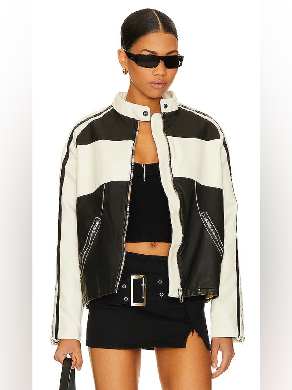 Free People We The Free Ryder Sport Vegan Moto Jacket Black White Size S
